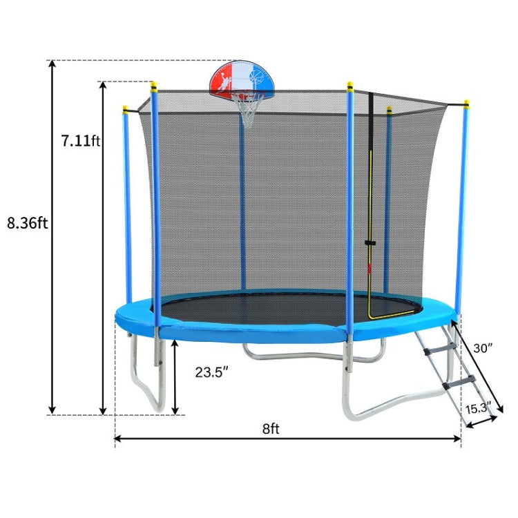 [US Warehouse] Outdoor Recreational Trampoline with Safety Enclosure Net & Basketball Hoop & Ladder, Size: 8FT