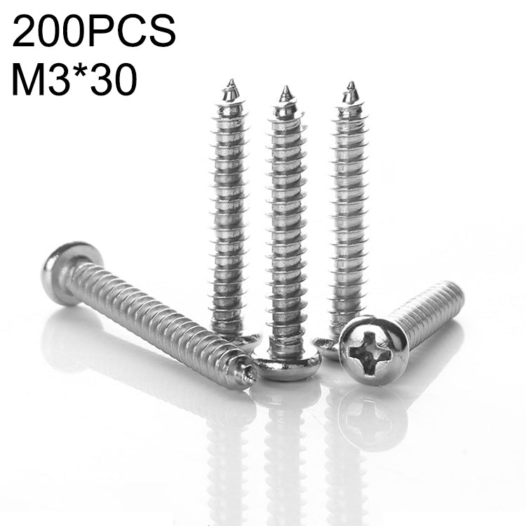 200 PCS 201 Stainless Steel Cross Round-headed Tapping Thread Screw, M3x30