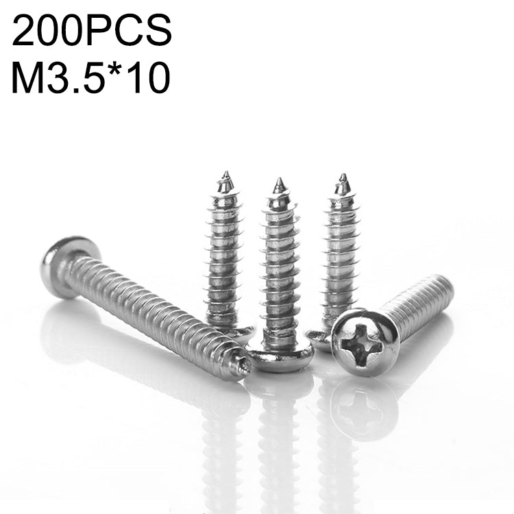 200 PCS 201 Stainless Steel Cross Round-headed Tapping Thread Screw, M3.5x10