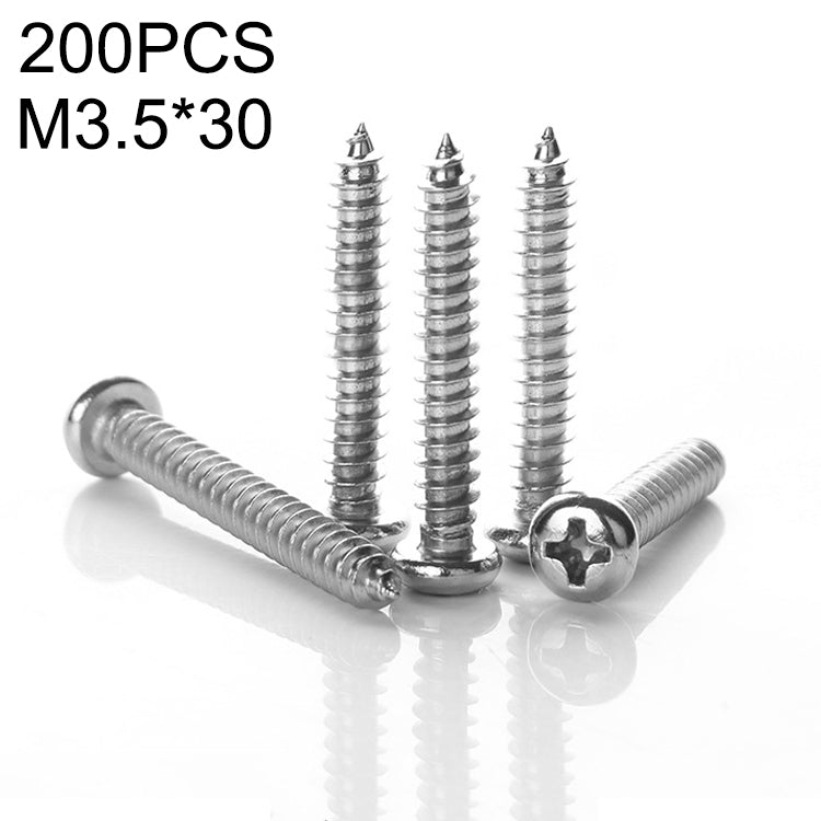 200 PCS 201 Stainless Steel Cross Round-headed Tapping Thread Screw, M3.5x30