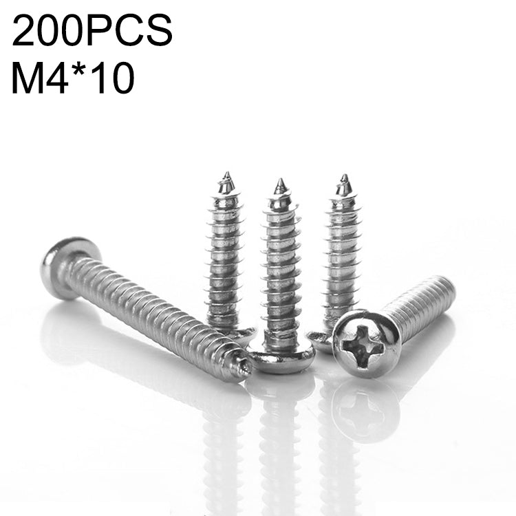 200 PCS 201 Stainless Steel Cross Round-headed Tapping Thread Screw, M4x10