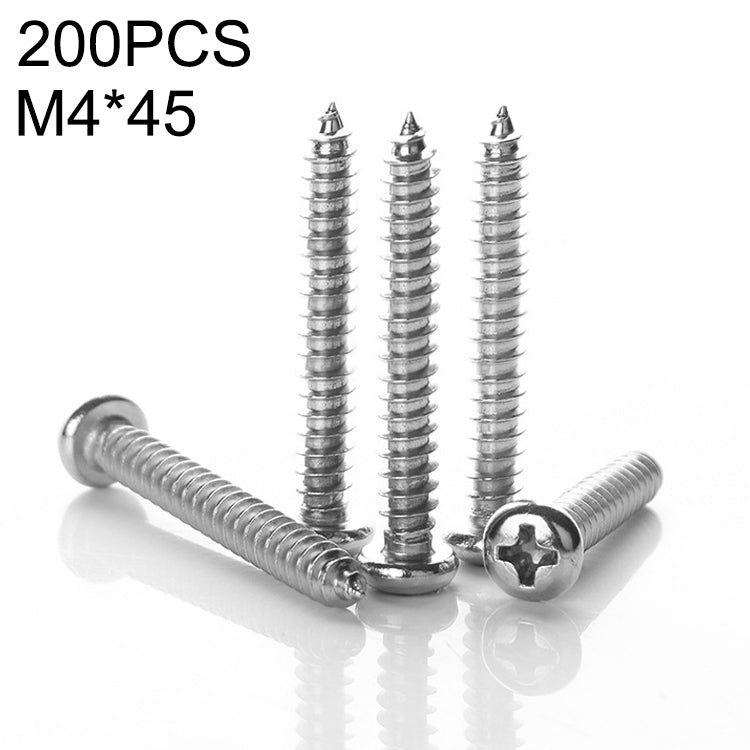 200 PCS 201 Stainless Steel Cross Round-headed Tapping Thread Screw, M4x45