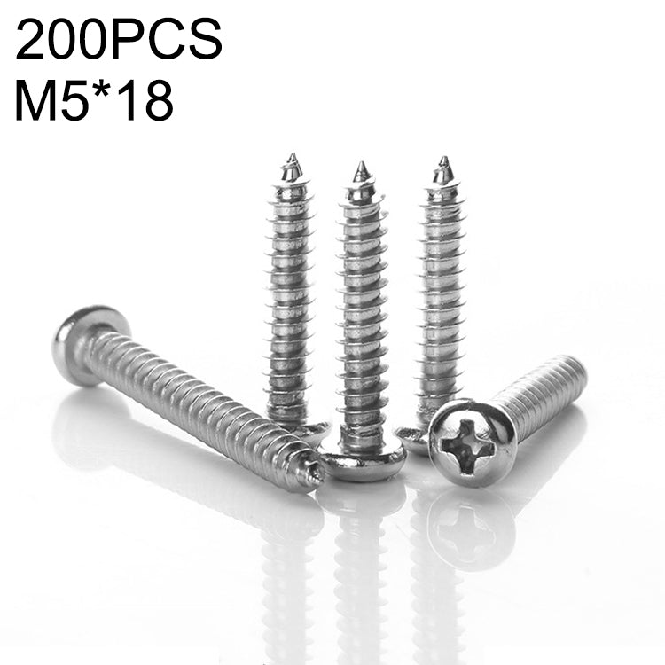 200 PCS 201 Stainless Steel Cross Round-headed Tapping Thread Screw, M5x18