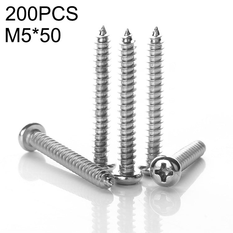 200 PCS 201 Stainless Steel Cross Round-headed Tapping Thread Screw, M5x50