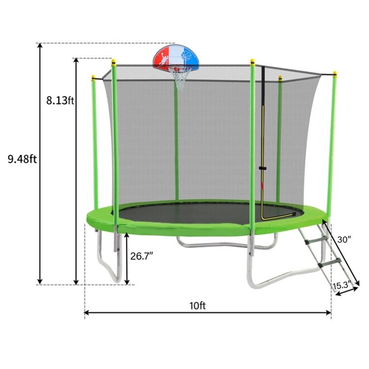 [US Warehouse] Outdoor Recreational Trampoline with Safety Enclosure Net & Basketball Hoop & Ladder, Size: