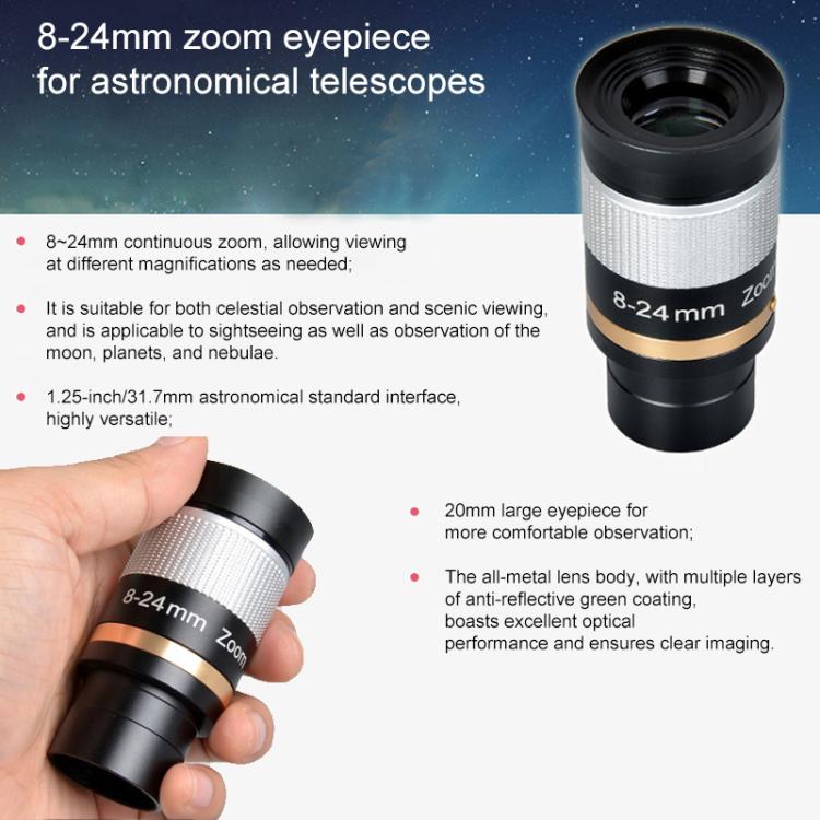 Astronomical Telescope 8-24mm All-metal Continuous Zoom Eyepiece  - Silver