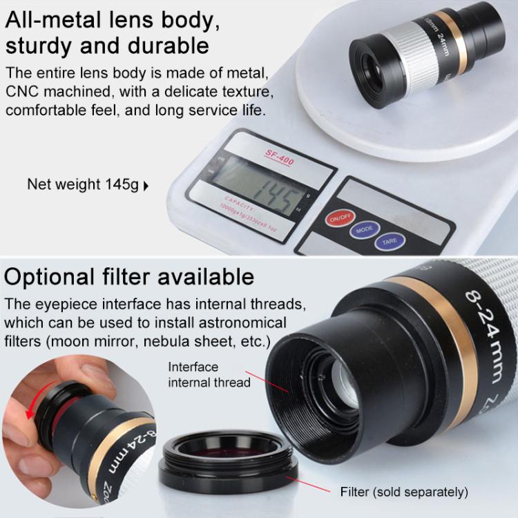 Astronomical Telescope 8-24mm All-metal Continuous Zoom Eyepiece  - Silver