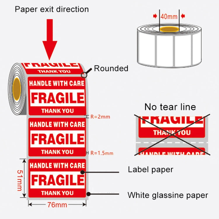 500 PCS Self-adhesive Outer Box English Warning Sticker Fragile Label, Size: 76x51mm