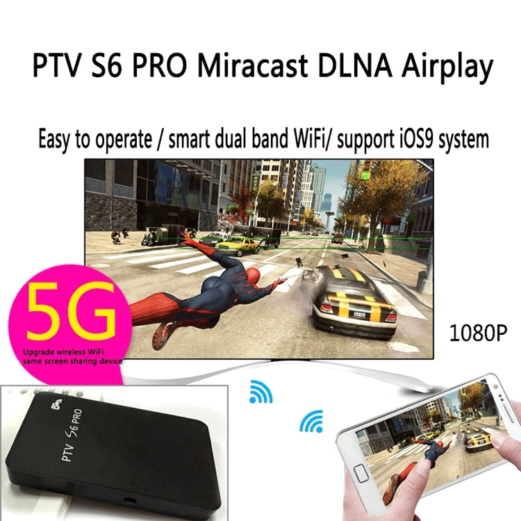 PTV S6 Pro Mini Wireless Dual Band 2.4GHz + 5.8GHz WiFi Display Adaptor Miracast Airplay DLNA HDMI TV Dongle Display Receiver for Android & IOS & Mac & Windows Devices
