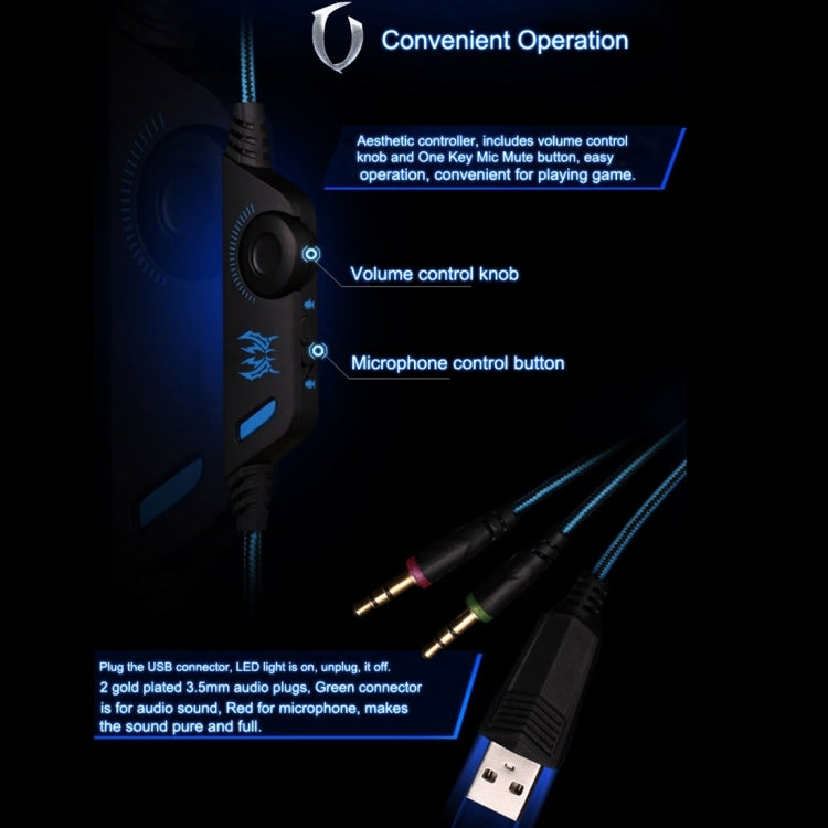 [UAE Warehouse] KOTION EACH G2000 Over-ear Game Gaming Headphone Headset Earphone Headband with Mic Stereo Bass LED Light for PC Gamer,Cable Length: About 2.2m(Blue + Black)
