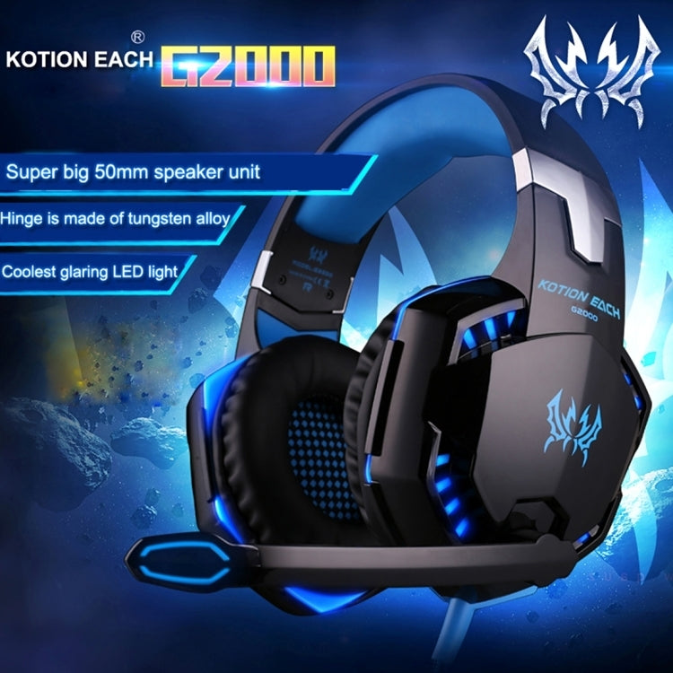 [UAE Warehouse] KOTION EACH G2000 Over-ear Game Gaming Headphone Headset Earphone Headband with Mic Stereo Bass LED Light for PC Gamer,Cable Length: About 2.2m(Blue + Black)