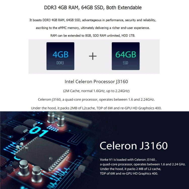 Vorke V1 Mini PC / TV Box Windows 10 Braswell Celeron J3160 Quad Core 1.6GHz, RAM: 4GB, ROM: 64GB, Support Bluetooth, WiFi, XBMC(Black)