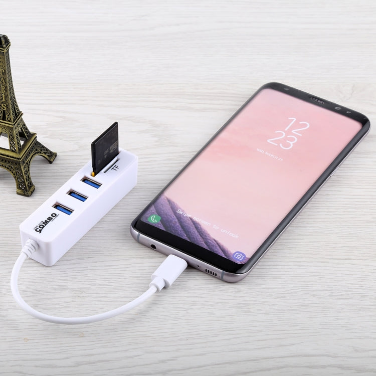 2 in 1 TF & SD Card Reader + 3 x USB Ports to USB-C / Type-C HUB Converter, Total Length: 24cm