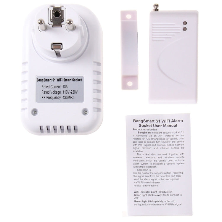 BangSmart S1 Wifi Alarm Socket Remote Control Smart Socket with Door Sensor, Android + iOS Supported, EU Plug
