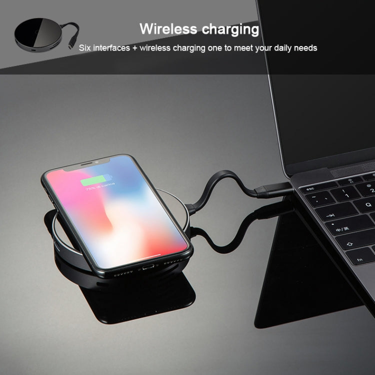 KZ-CW-WH1 6 in 1 PD Power Supply Port + HDMI HD Interface + 2 USB 3.0 Interface to USB-C / Type-C Interface Glass Surface Multifunction HUB Docking Station with SD & TF Card Slots, Support Wireless Charging(Black)