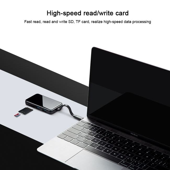 KZ-C-201 6 in 1 PD Power Supply Port + HDMI HD Interface + 2 USB 3.0 Interface to USB-C / Type-C Interface Glass Surface Multifunction HUB Docking Station with SD & TF Card Slots(Black)