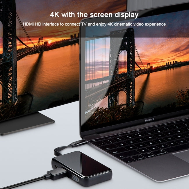 KZ-C-201 6 in 1 PD Power Supply Port + HDMI HD Interface + 2 USB 3.0 Interface to USB-C / Type-C Interface Glass Surface Multifunction HUB Docking Station with SD & TF Card Slots(Black)