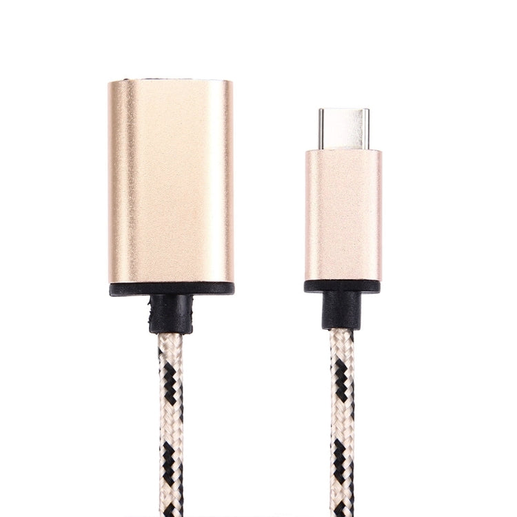 15cm Woven Style Metal Head USB-C / Type-C Male to USB 2.0 Female Data Cable(Gold)