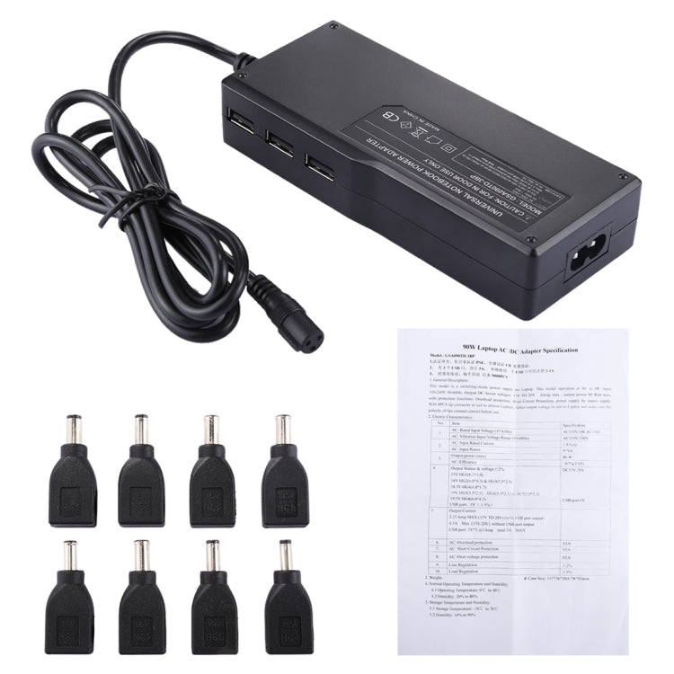 GSA090TD-3BP 90W Universal Laptop Notebook AC / DC Power Adapter with 3 USB Ports & 8 PCS Tip Connectors, AC 100-240V
