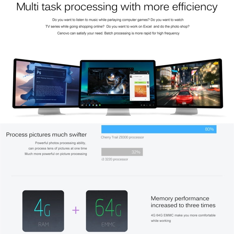 Cenovo Mini PC / TV Box King Kong with 720P Voice Camera, Support Windows 10 OS, Intel Cherry Trail Z8300 Quad Core 1.84GHz, RAM: 4GB, ROM: 64GB, Built in Dual Band WiFi, Bluetooth 4.0(Black)