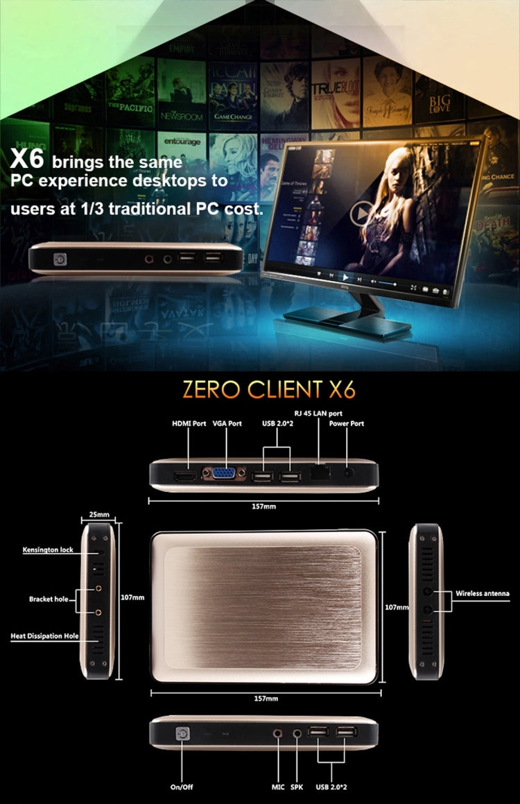 X6 Thin Client Mini PC with Holder, Cortex-A9 Octa-core up to 1.2GHz, 1GB RAM, 8GB ROM, Embedded Linux Kernel, Support Online Video Play up to 1080P HD(Gold)