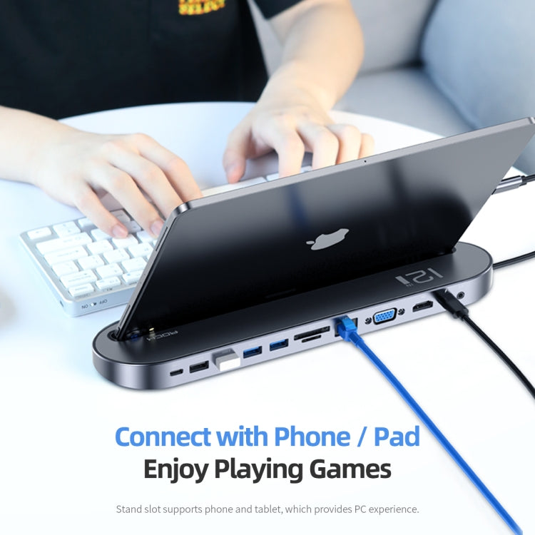 ROCK RCB0724 12 in 1 3 USB-C / Type-C + 2 USB 2.0 + 2 USB 3.0 + RJ45 Gigabit Ethernet Port + VGA + HDMI Multi-Function HUB Laptop Stand Base with SD / TF Card Slot & 3.5mm Jack