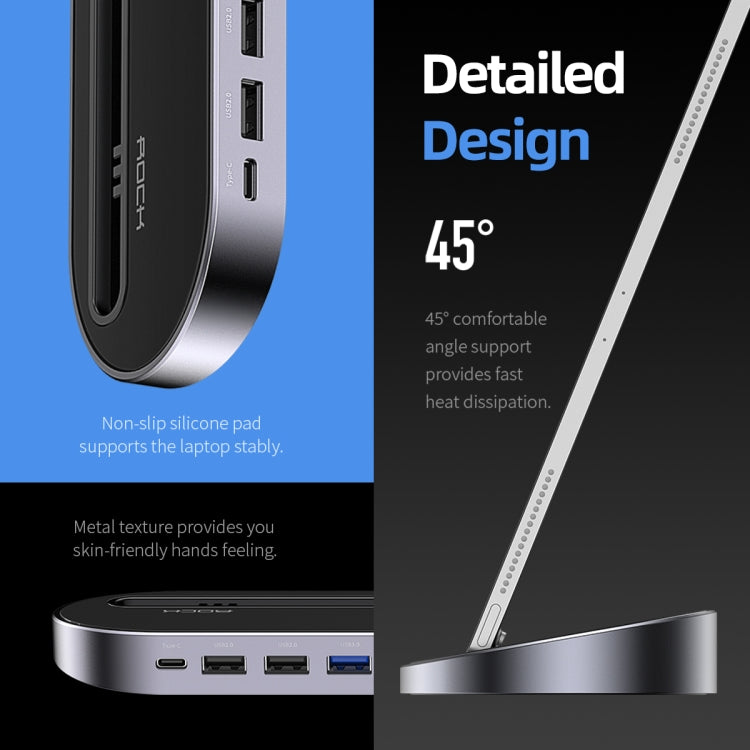 ROCK RCB0724 12 in 1 3 USB-C / Type-C + 2 USB 2.0 + 2 USB 3.0 + RJ45 Gigabit Ethernet Port + VGA + HDMI Multi-Function HUB Laptop Stand Base with SD / TF Card Slot & 3.5mm Jack