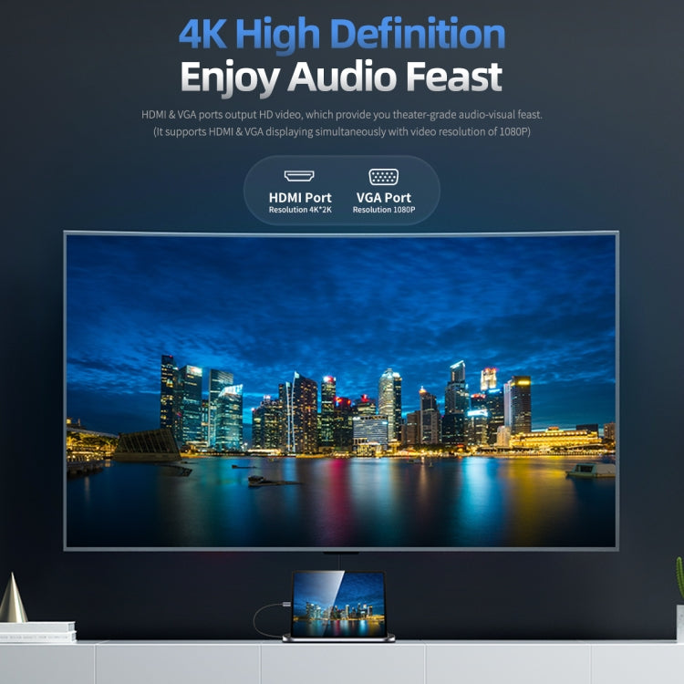 ROCK RCB0724 12 in 1 3 USB-C / Type-C + 2 USB 2.0 + 2 USB 3.0 + RJ45 Gigabit Ethernet Port + VGA + HDMI Multi-Function HUB Laptop Stand Base with SD / TF Card Slot & 3.5mm Jack