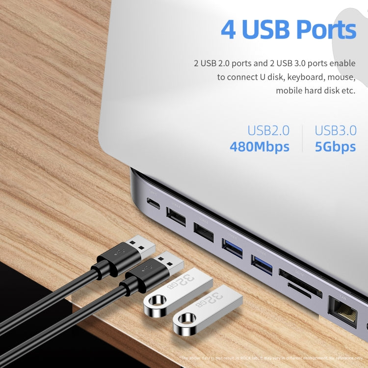 ROCK RCB0724 12 in 1 3 USB-C / Type-C + 2 USB 2.0 + 2 USB 3.0 + RJ45 Gigabit Ethernet Port + VGA + HDMI Multi-Function HUB Laptop Stand Base with SD / TF Card Slot & 3.5mm Jack