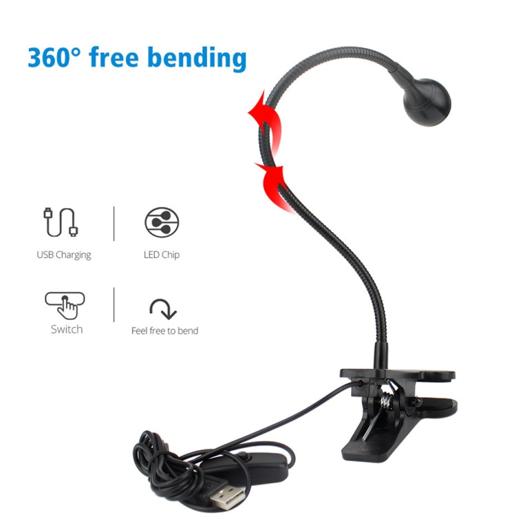 3W 360 Degree Rotation USB Metal Flexible Neck Warm White Light LED Light with Switch & Clip(Black)
