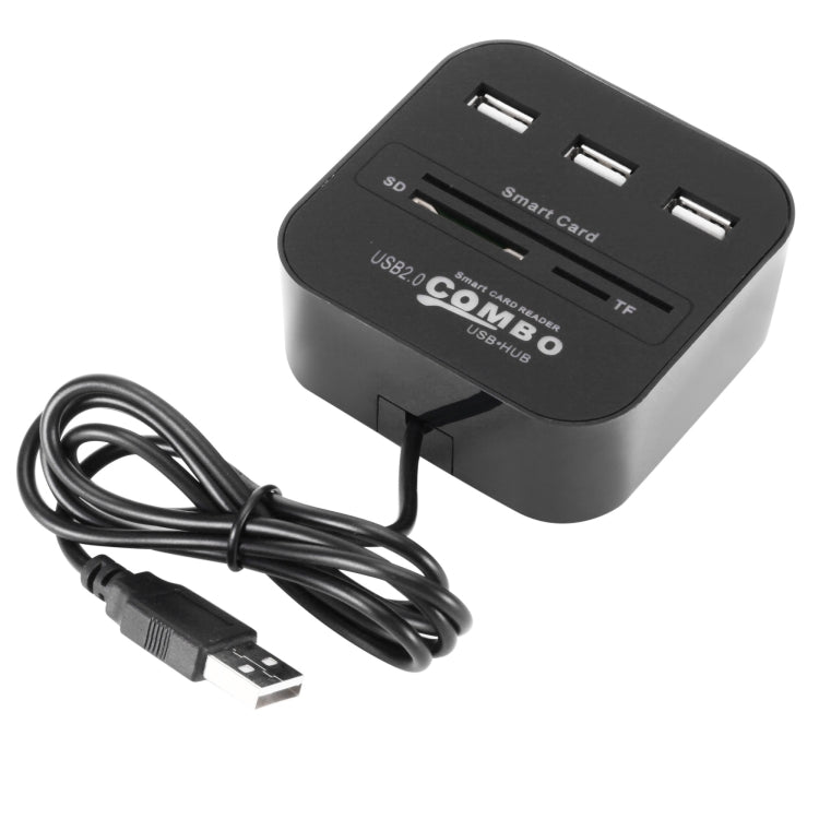 USB 2.0 COMBO Multi-function Card Reader TF + SD + ID Card + HUB x 3 Card Reader (Black)