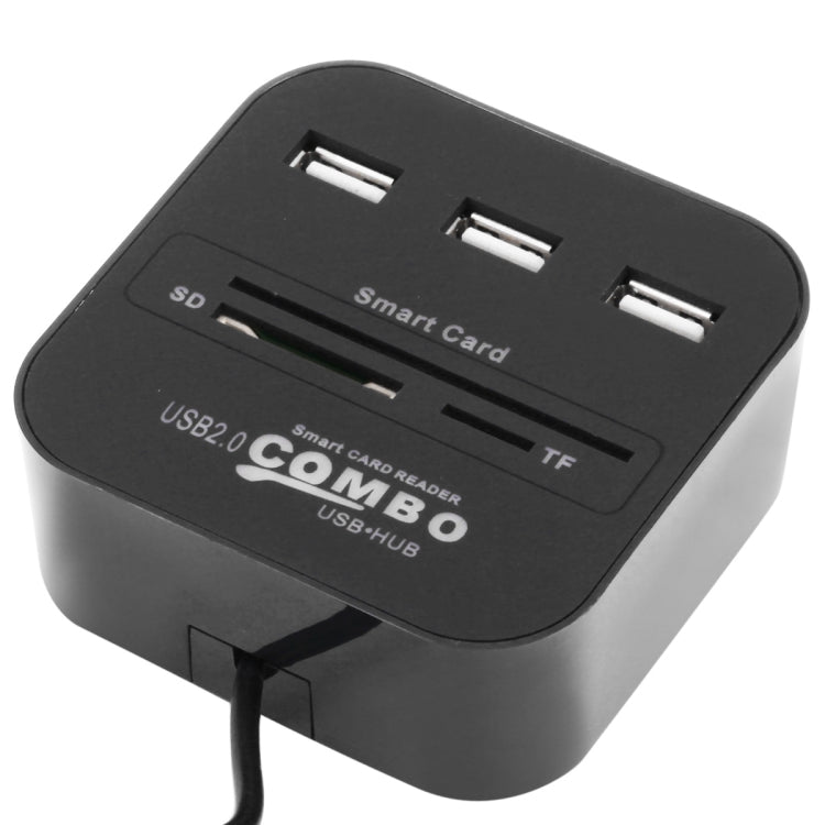 USB 2.0 COMBO Multi-function Card Reader TF + SD + ID Card + HUB x 3 Card Reader (Black)