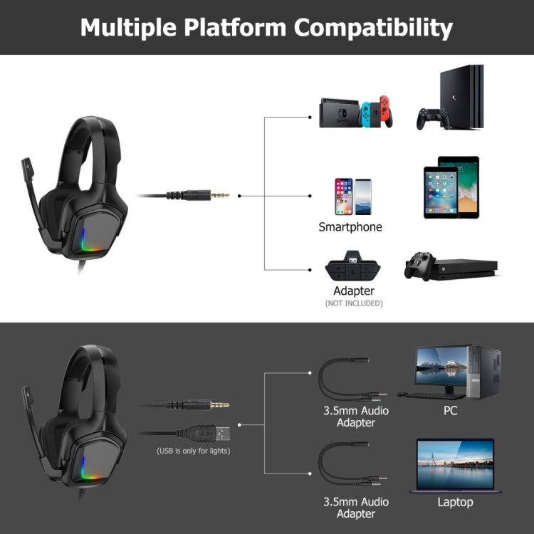 K20i Stereo Gaming Headset with Microphone RGB Light for XBox One / Laptop Tablet  - Black
