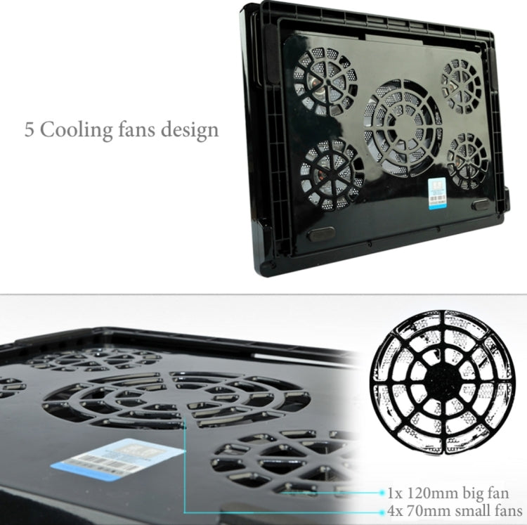 NUOXI S500 5 Fans Ultra Silent CPU Notebook Computer Cooling Base USB Cooler Pad with 2 x USB Ports & 2 Switchs