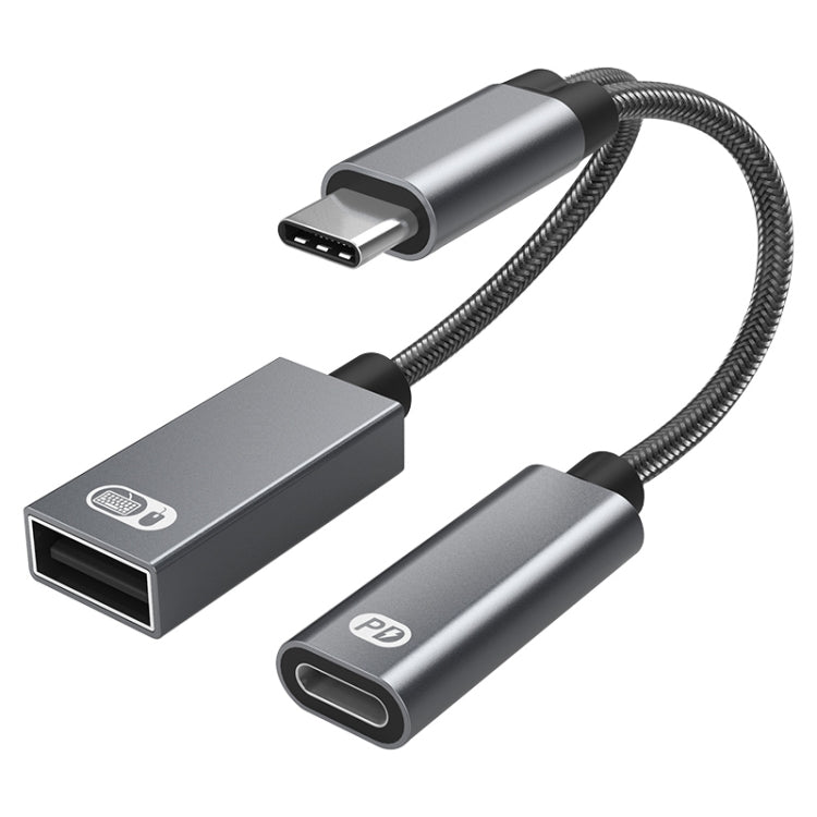 TA2Q USB-C / Type-C Male to PD 60W USB-C / Type-C Charging + USB 2.0 Female OTG Adapter