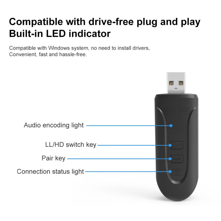 LE502 USB Bluetooth 5.3 Wireless Audio Transmitter with Antenna