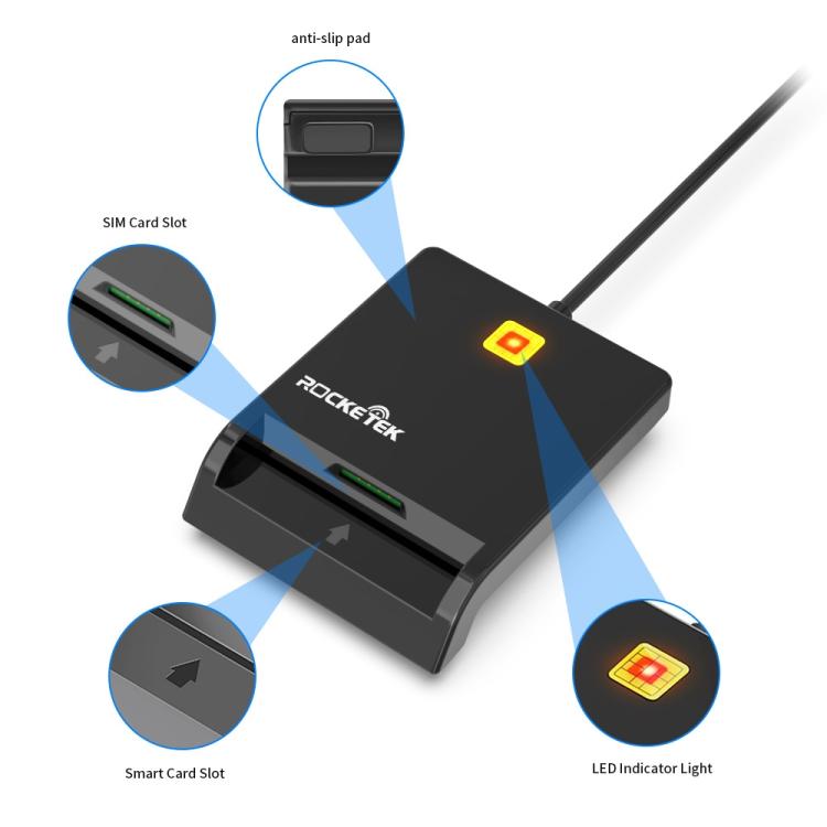 Rcoketek CR301 Type-C Plug Smart CAC Card Reader USB 2.0 Bank Card SIM Card Tax Reader  - Black