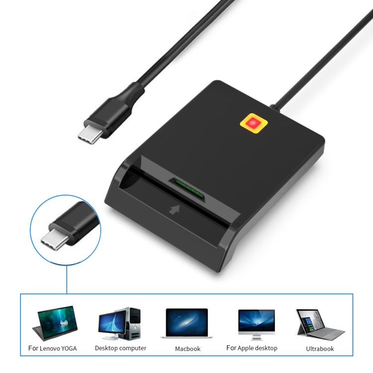 Rcoketek CR301 Type-C Plug Smart CAC Card Reader USB 2.0 Bank Card SIM Card Tax Reader  - Black