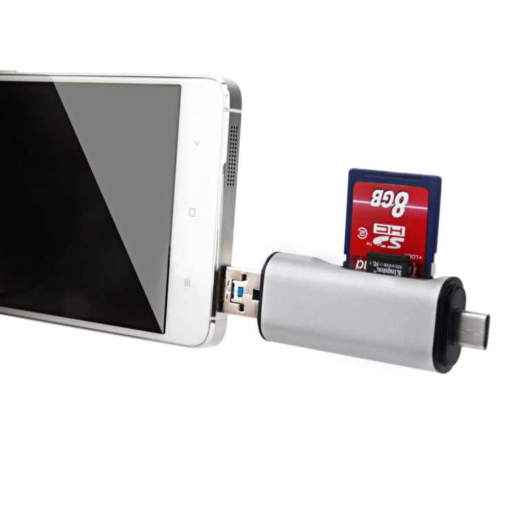 USB-C / Type-C 3.1 to USB 3.0 + Micro USB + SD(HC) + Micro SD Card Reader Adapter, For Galaxy S8 & S8 + / LG G6 / Huawei P10 & P10 Plus / Xiaomi Mi6 & Max 2 and other Smartphones(Silver)