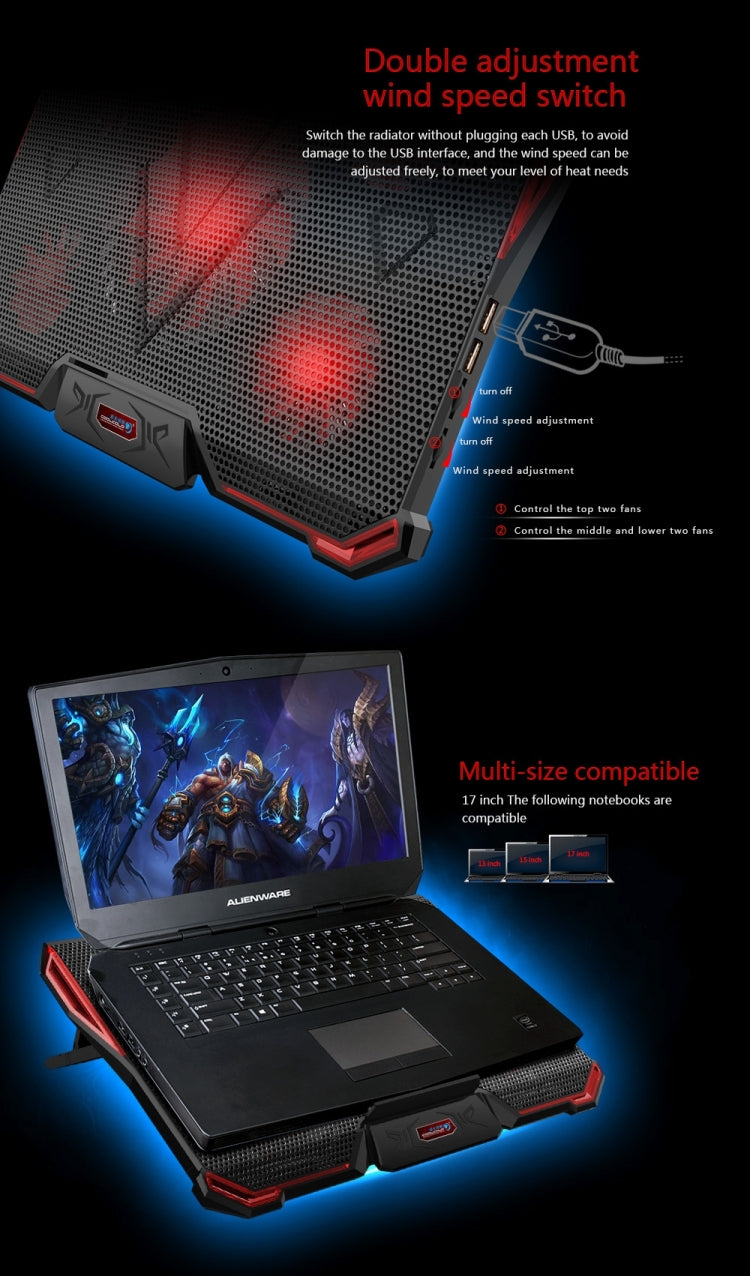 Ice Troll 4 COOLCOLD Five Fans Cooling Pad Air-cooled Radiator Cooling Pads for Gaming Laptop Notebook(Black)