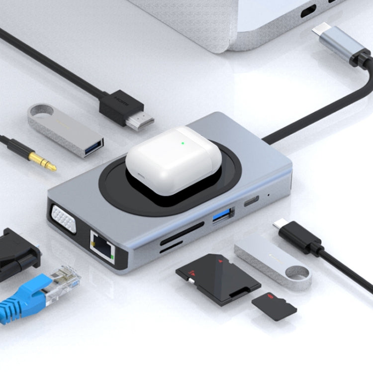 9 in 1 RJ45 + VGA + SD/TF + USB3.0 + PD + HDMI + USB2.0 + Audio to USB-C / Type-C HUB Adapter with Wireless Charger