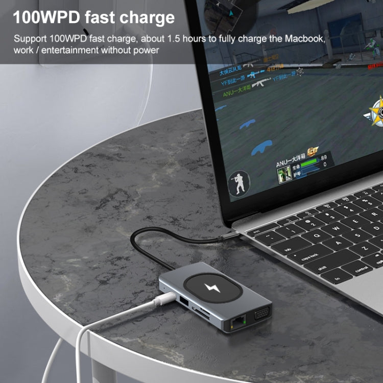 9 in 1 RJ45 + VGA + SD/TF + USB3.0 + PD + HDMI + USB2.0 + Audio to USB-C / Type-C HUB Adapter with Wireless Charger