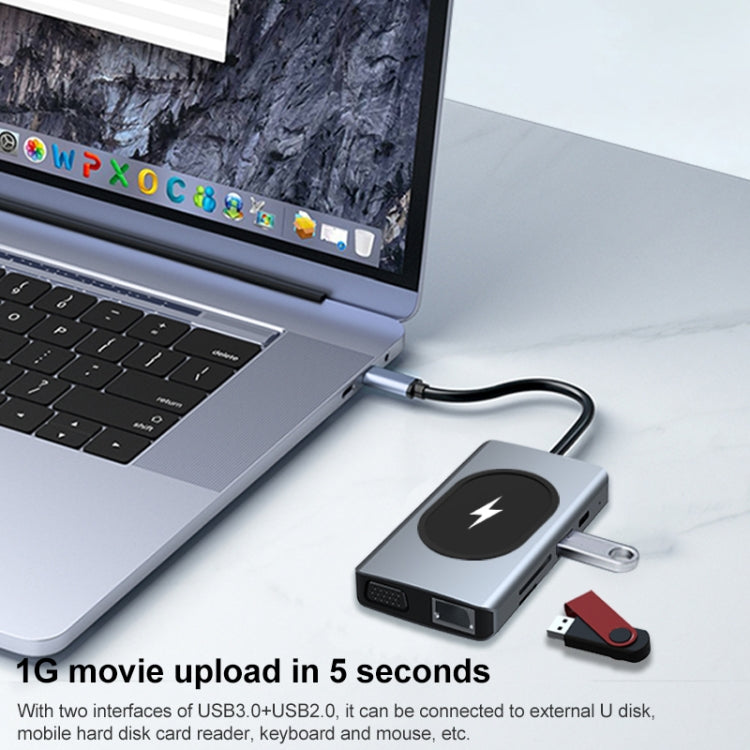 9 in 1 RJ45 + VGA + SD/TF + USB3.0 + PD + HDMI + USB2.0 + Audio to USB-C / Type-C HUB Adapter with Wireless Charger