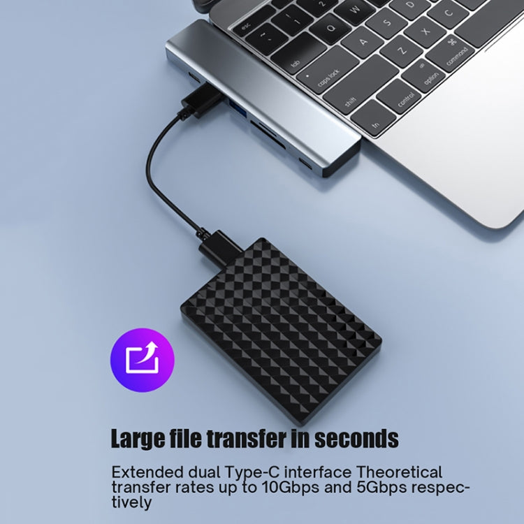 BYL-2101 7 in 1 Dual USB-C / Type-C to USB Docking Station HUB Adapter (Silver)