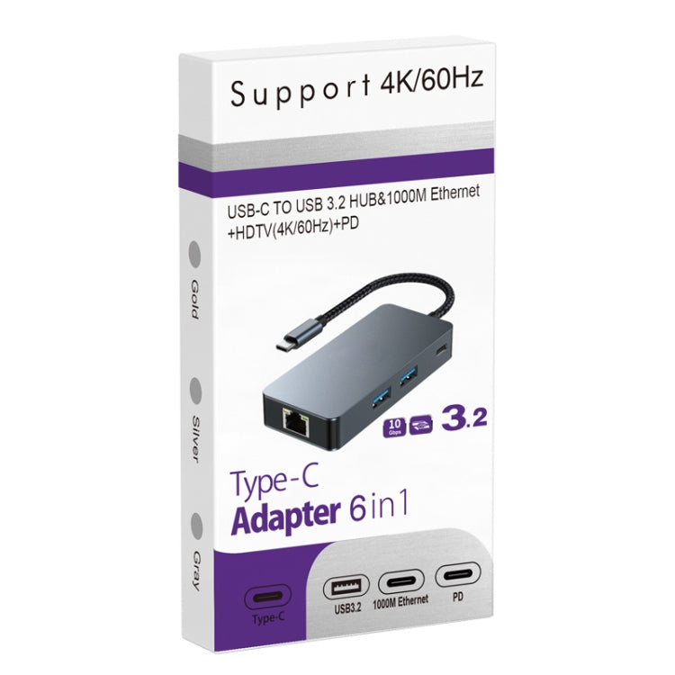 BYL-2308 6 in 1 USB-C / Type-C to USB3.2 + Gigabit Internet + HDTV HUB Adapter (Dark Gray)