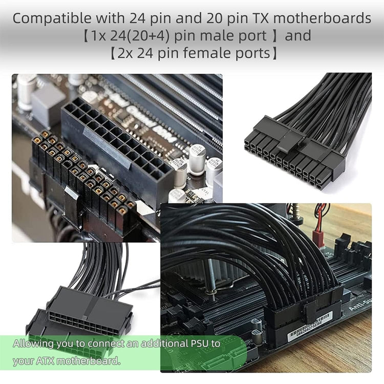 30cm ATX Mining 24 Pin Dual PSU Power Supply Extension Cable