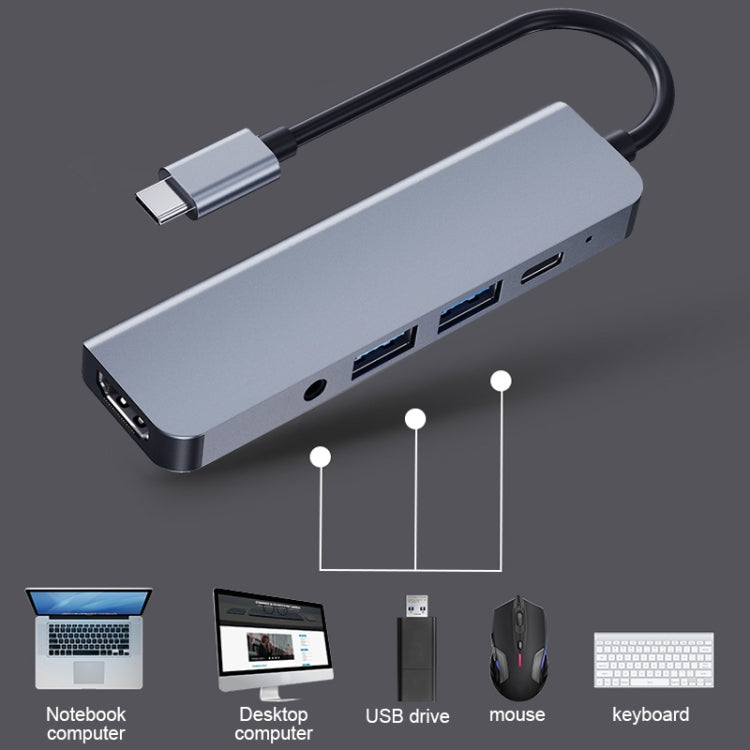 2008N 5 In 1 USB 3.0 x2 + HDMI + PD + 3.5mm Port Multi-function Intelligent Type-C / USB-C HUB Docking Station