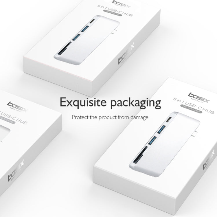 basix T5 5 in 1 USB-C / Type-C to 2 USB 3.0 + USB-C / Type-C Interfaces HUB Adapter with Micro SD / SD Card Slots (Silver)