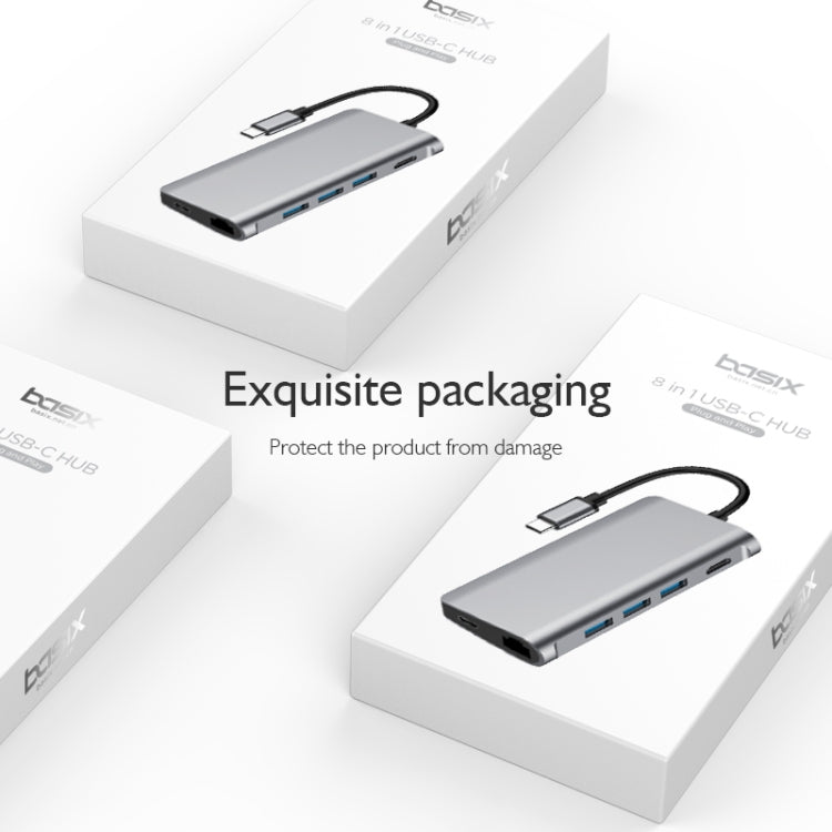 basix T7 8 in 1 USB-C / Type-C to 3 USB 3.0 + USB-C / Type-C  + HDMI + RJ45 Network Interfaces HUB Adapter with Micro SD / SD Card Slots(Grey)