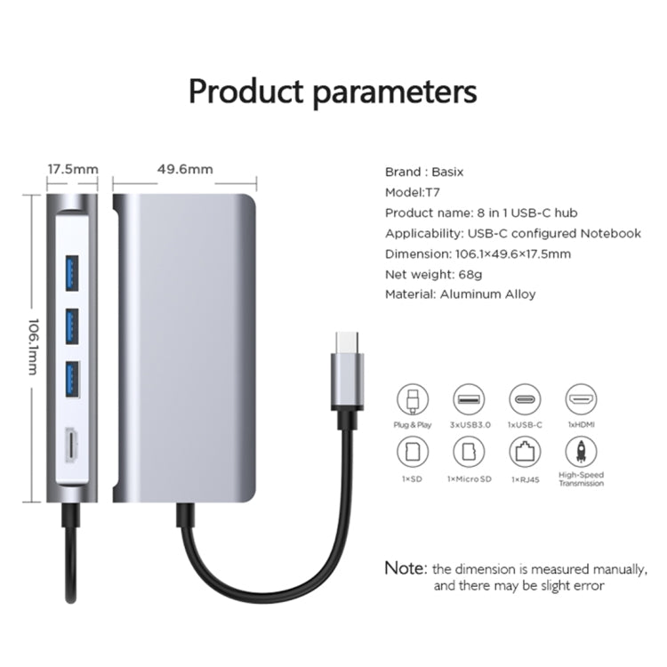 basix T7 8 in 1 USB-C / Type-C to 3 USB 3.0 + USB-C / Type-C  + HDMI + RJ45 Network Interfaces HUB Adapter with Micro SD / SD Card Slots(Grey)